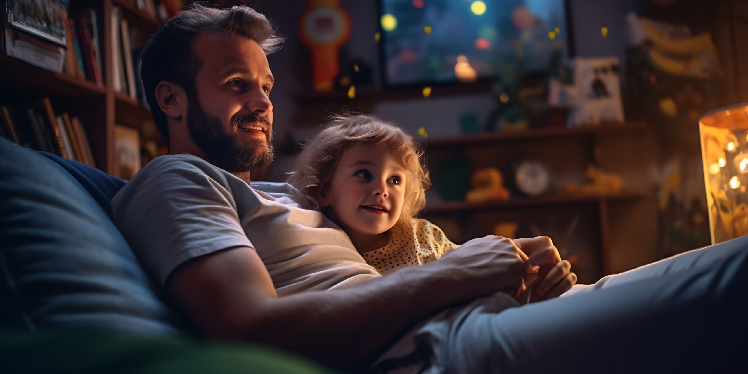 Vater und Tochter sitzen abends gemütlich auf der Couch und schauen einen Film