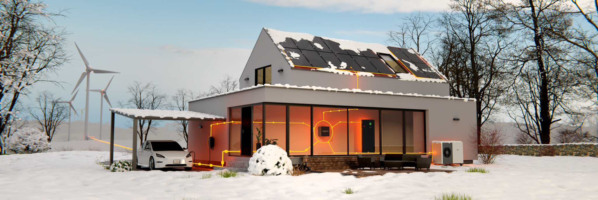 Intelligentes Energiesystem im Winter mit PV-Anlage, Stromspeicher, Wallbox, Wärmepumpe. Energiesystem kann auf Strom aus Windenergie zugreifen.