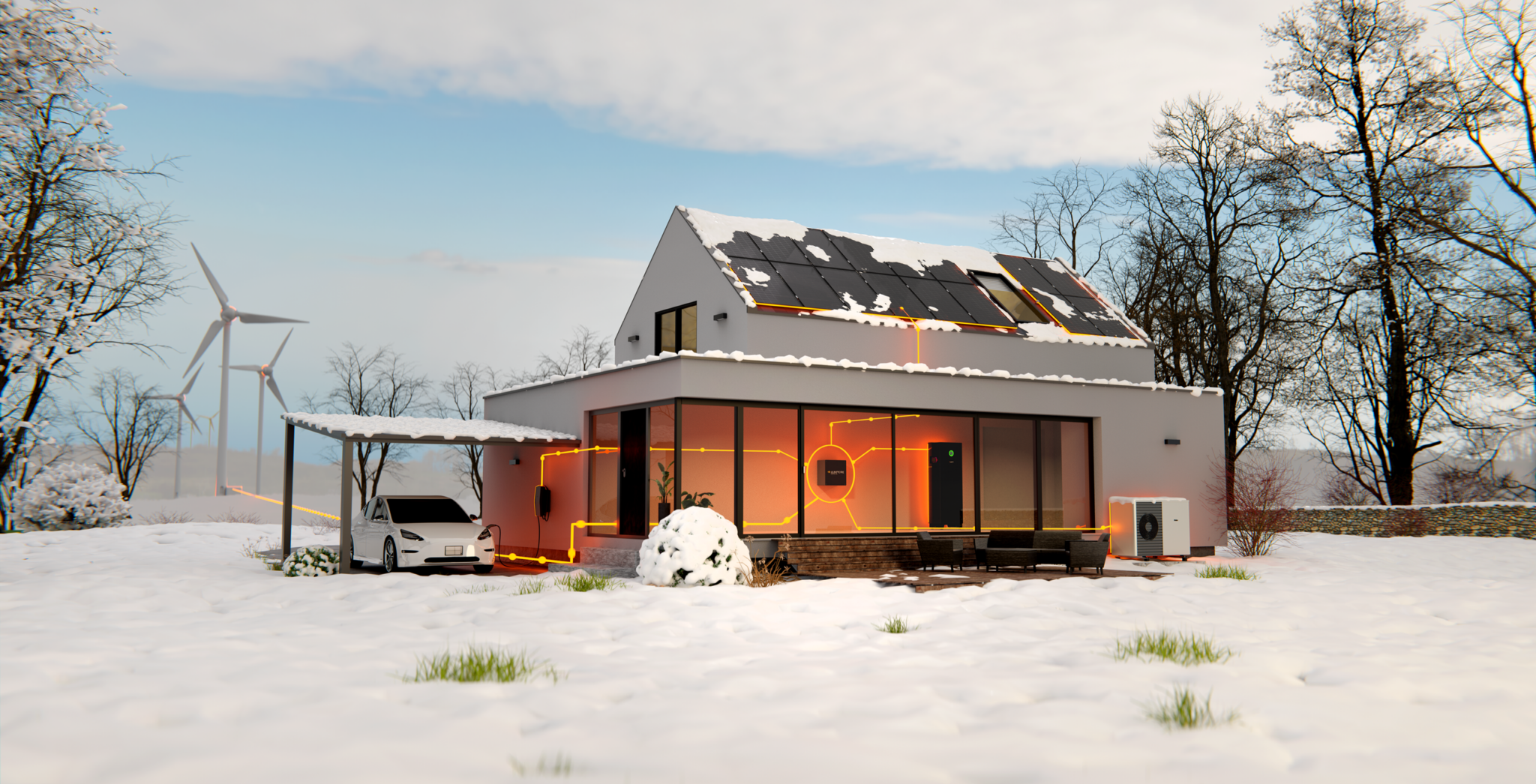 Intelligentes Energiesystem im Winter mit PV-Anlage, Stromspeicher, Wallbox, Wärmepumpe. Energiesystem kann auf Strom aus Windenergie zugreifen.