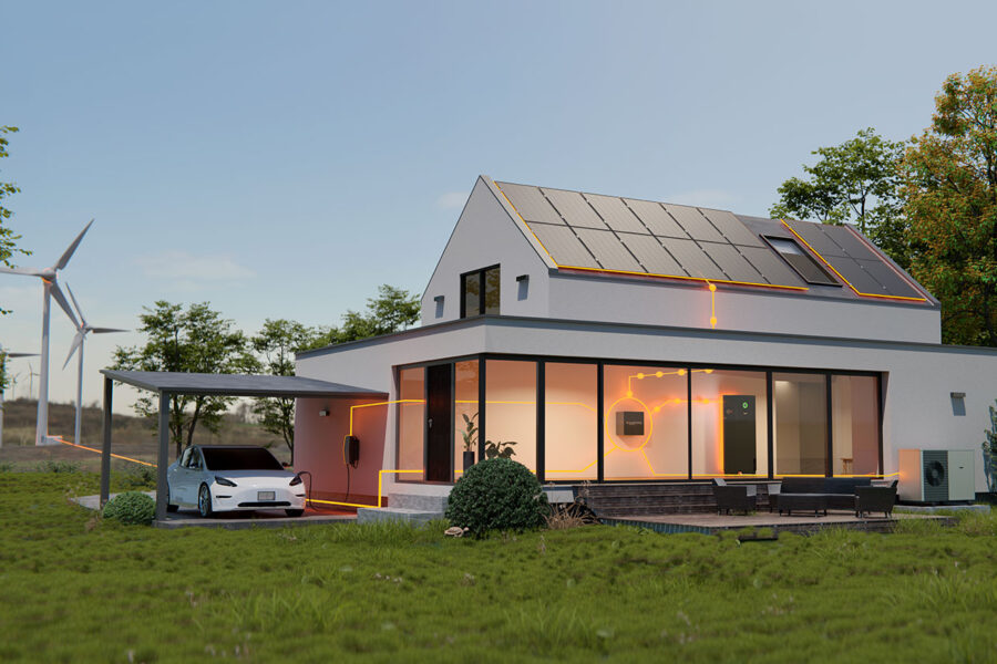 Haus und Garten mit Bäumen im Sommer - Das Haus hat ein Energiesystem. Solaranlage auf dem Dach, Speicher und Energiemanagement-System im Haus, Wärmepumpe vor dem Haus. Das Auto im Carport lädt an der Wallbox. Alle Komponenten sind mit orangenen Energieflusslinien verbunden.