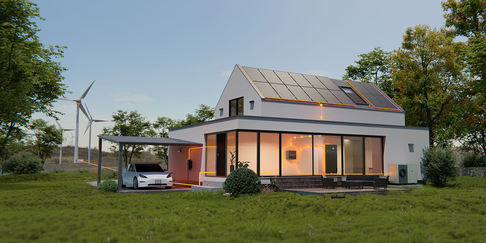 Haus und Garten mit Bäumen im Sommer - Das Haus hat ein Energiesystem. Solaranlage auf dem Dach, Speicher und Energiemanagement-System im Haus, Wärmepumpe vor dem Haus. Das Auto im Carport lädt an der Wallbox. Alle Komponenten sind mit orangenen Energieflusslinien verbunden.