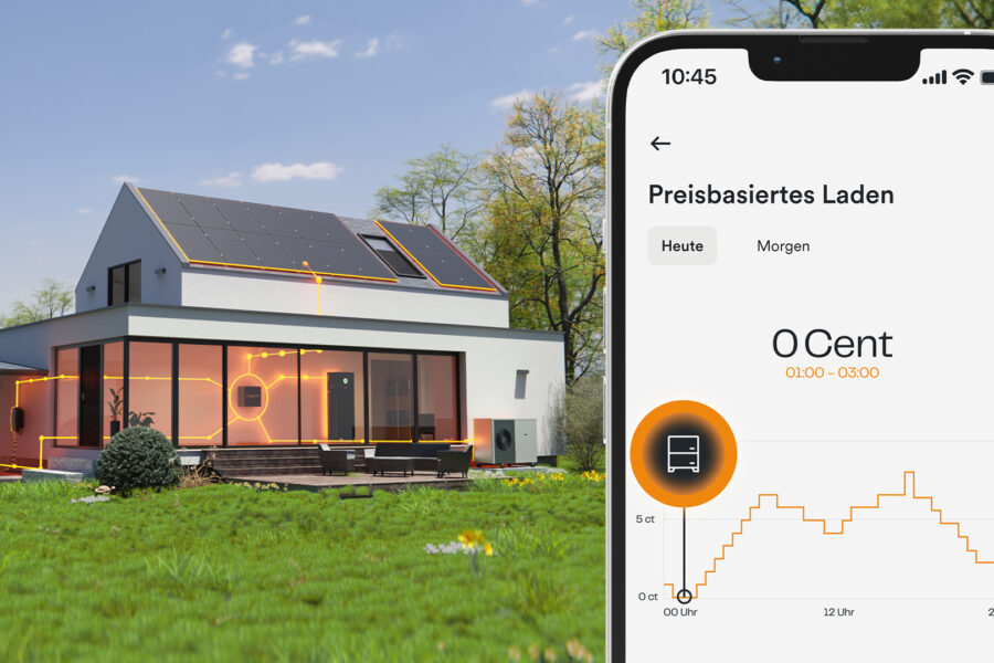 Preisbasiertes Laden über die AMPERE.IQ App vor Hintergrund mit Haus und Garten im Frühlingsmotiv