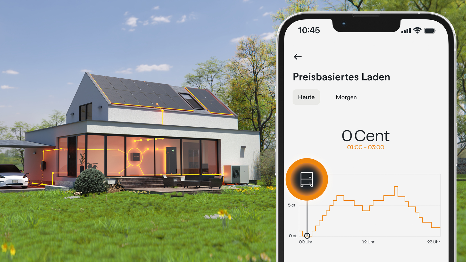 Preisbasiertes Laden über die AMPERE.IQ App vor Hintergrund mit Haus und Garten im Frühlingsmotiv