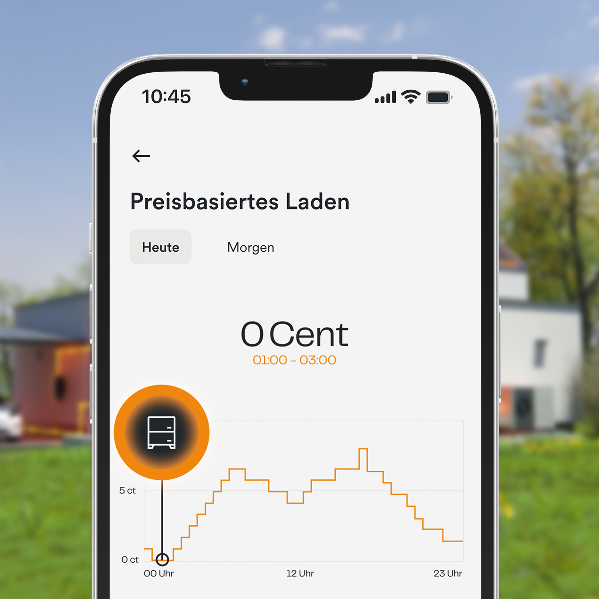 AMPERE.IQ App zeigt preisbasiertes Laden vor Hintergrund mit Haus und Garten im Frühlingsmotiv