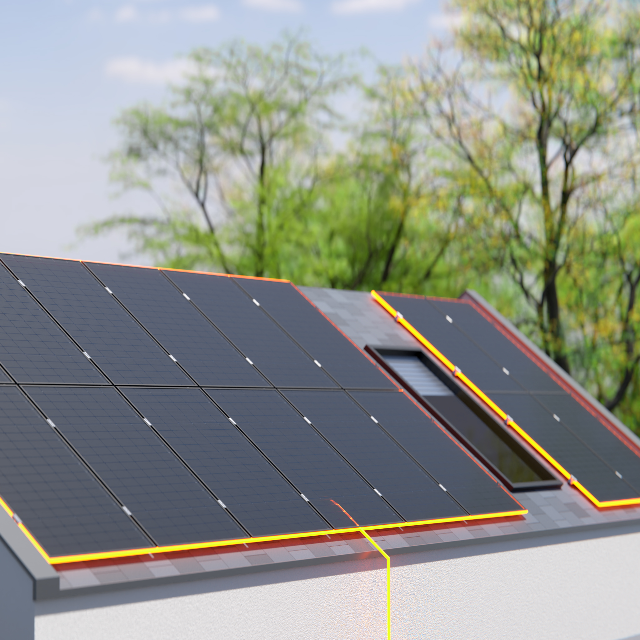 AMPERE.SolarPro PV-Module auf dem Dach als Teil des EKD Energiesystems, Frühlingsmotiv mit grünen Bäumen im Hintergrund