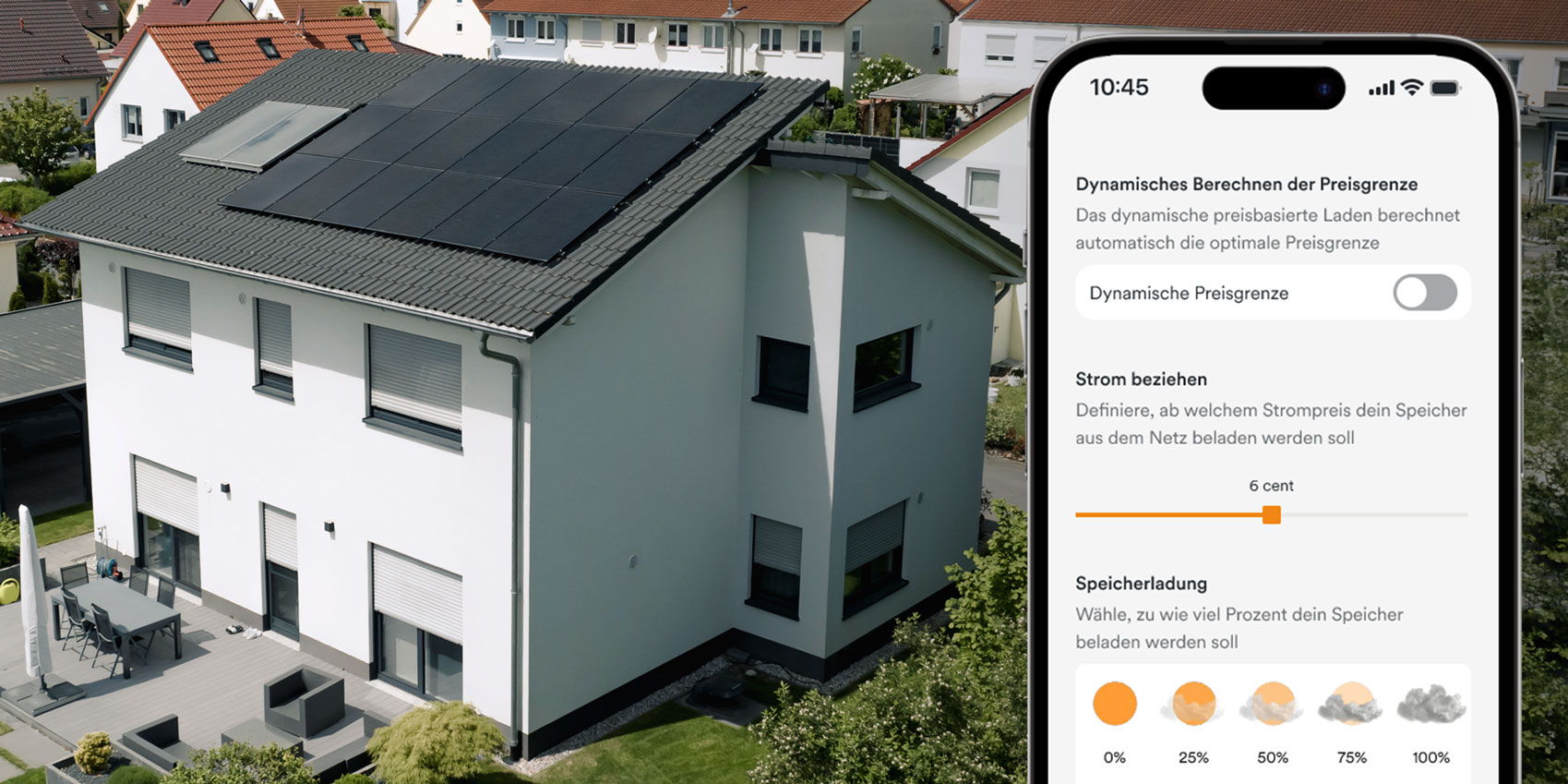 Haus mit Solaranlage auf Dach im Hintergrund, im Vordergrund: Handy-Display mit Solaranlage App AMPERE.IQ mit der Funktion "Dynamisches preisbasiertes Laden"