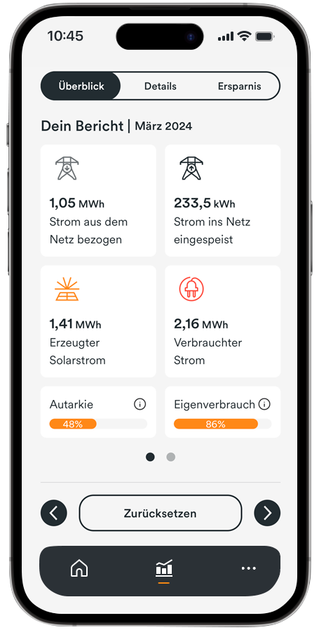 Handy-Display mit Solaranlage App AMPERE.IQ zeigt die Funktion "Dein Bericht"