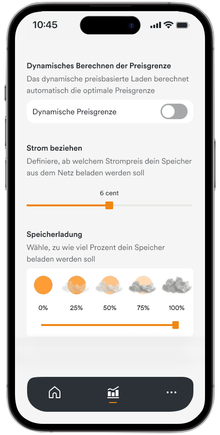 Handy-Display mit Solaranlage App AMPERE.IQ zeigt die Funktion "Dynamisches preisbasiertes Laden"