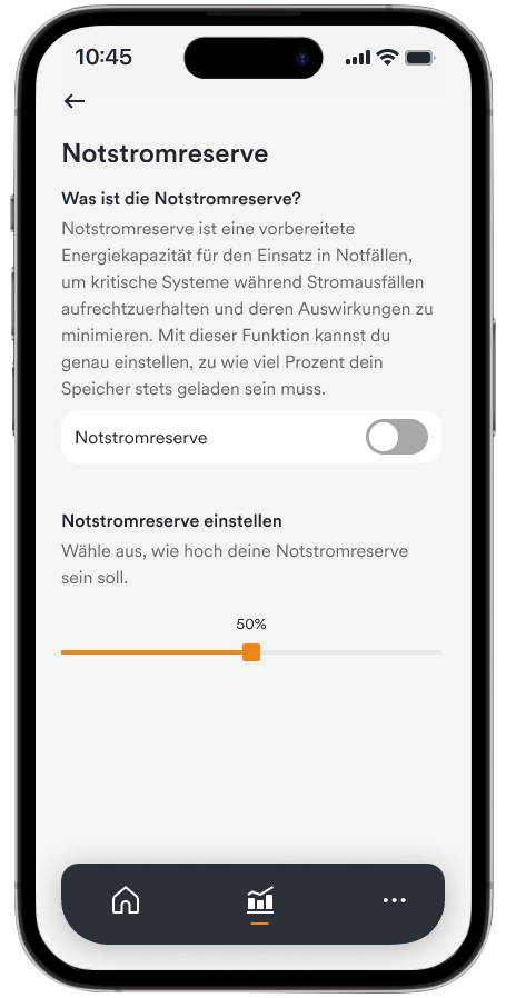 Handy-Display mit Solaranlage App AMPERE.IQ zeigt die Funktion "Notstromreserve"