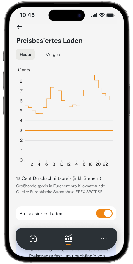 Handy-Display mit Solaranlage App AMPERE.IQ zeigt die Funktion "Preisbasiertes Laden"