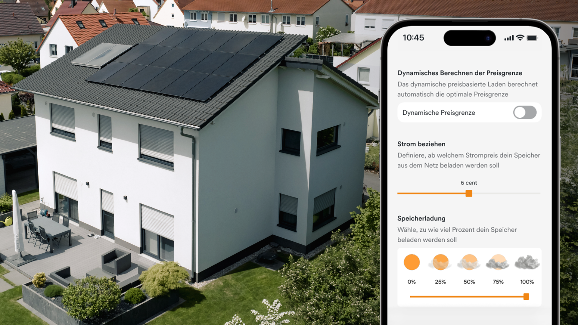 Haus mit Solaranlage auf Dach im Hintergrund, im Vordergrund: Handy-Display mit Solaranlage App AMPERE.IQ mit der Funktion "Dynamisches preisbasiertes Laden"