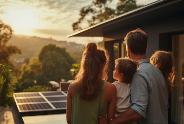 Junge Familie mit zwei Kindern vor dem Haus im Grünen und blicken Richtung Sonne