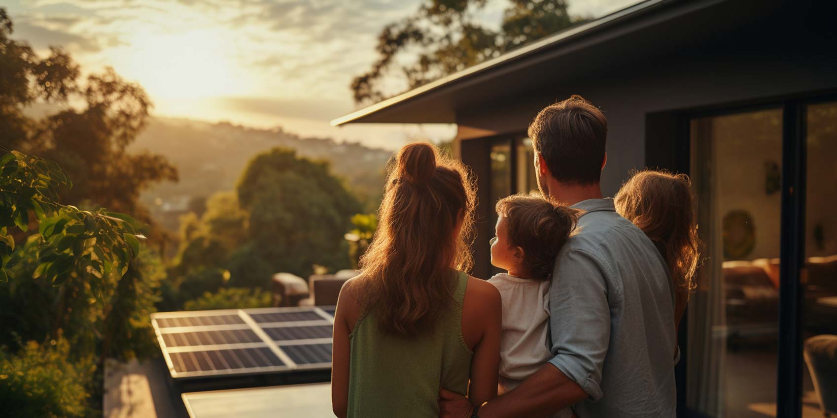 Junge Familie mit zwei Kindern vor dem Haus im Grünen und blicken Richtung Sonne