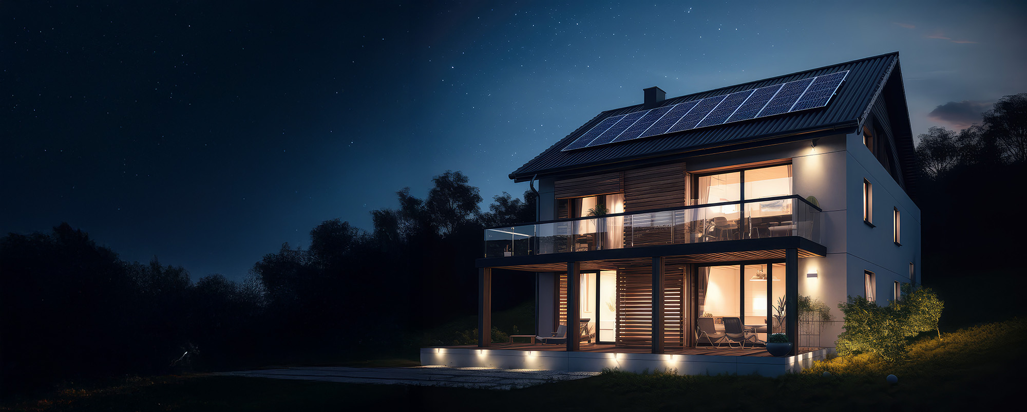 Beleuchtetes Haus bei Abend mit Wärmepumpe