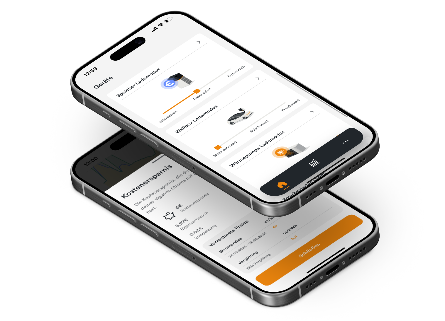 Handy-Displays mit Energiemanagement App AMPERE.IQ zeigen die Funktion "Preissignalfähigkeit"