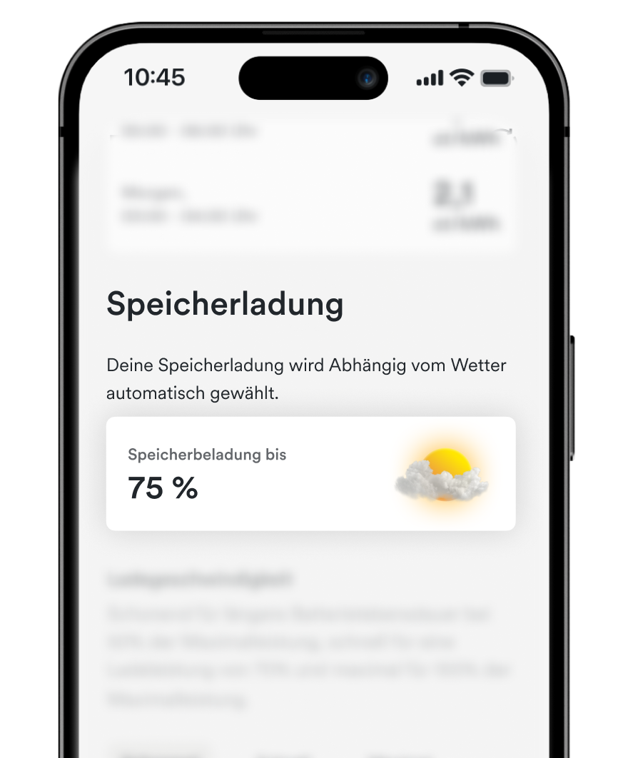 Handy App mit Aufschrift: Speicherladung - Deine Speicherladung wird abhängig vom Wetter automatisch gewählt. Speicherladung bis 75 %,