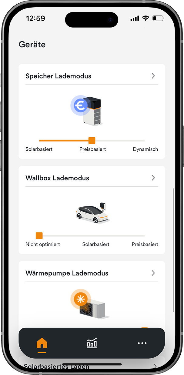 Handy-Display mit Energiemanagement App AMPERE.IQ zeigt die Funktion "Gerätemodi"