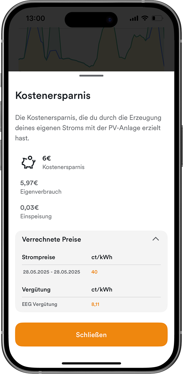 Handy-Display mit Energiemanagement App AMPERE.IQ zeigt die Funktion "Hinweis Kostenersparnis"