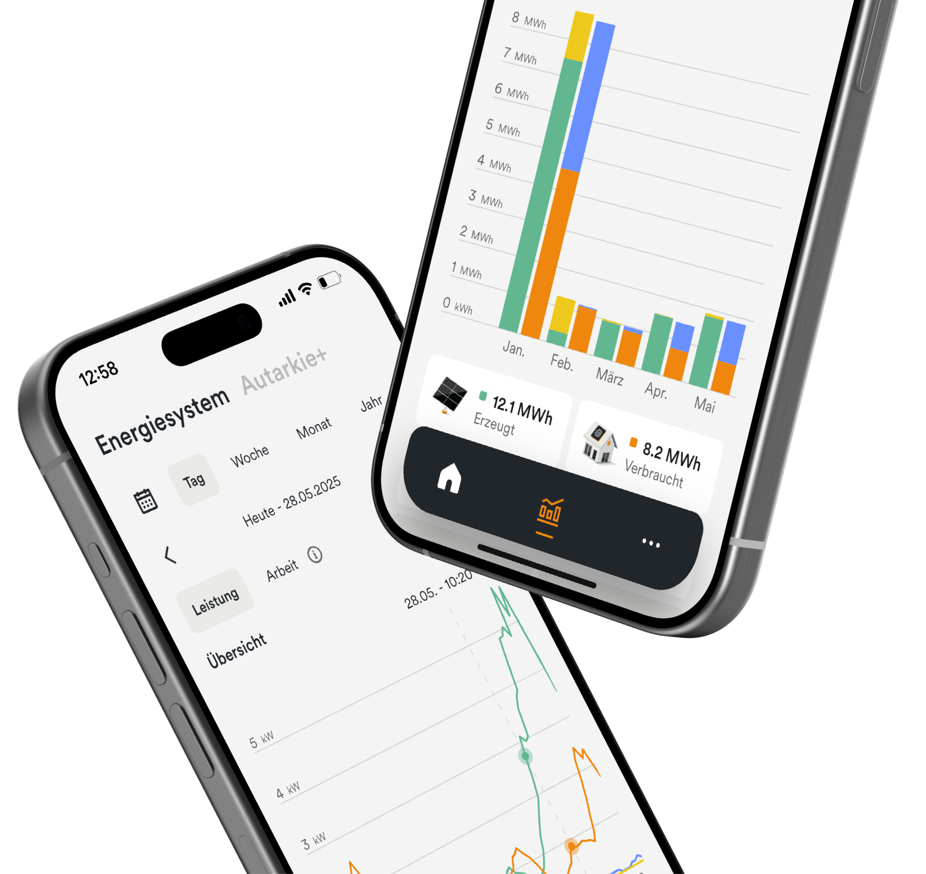 Handy-Displays mit Energiemanagement App AMPERE.IQ zeigen Statistiken