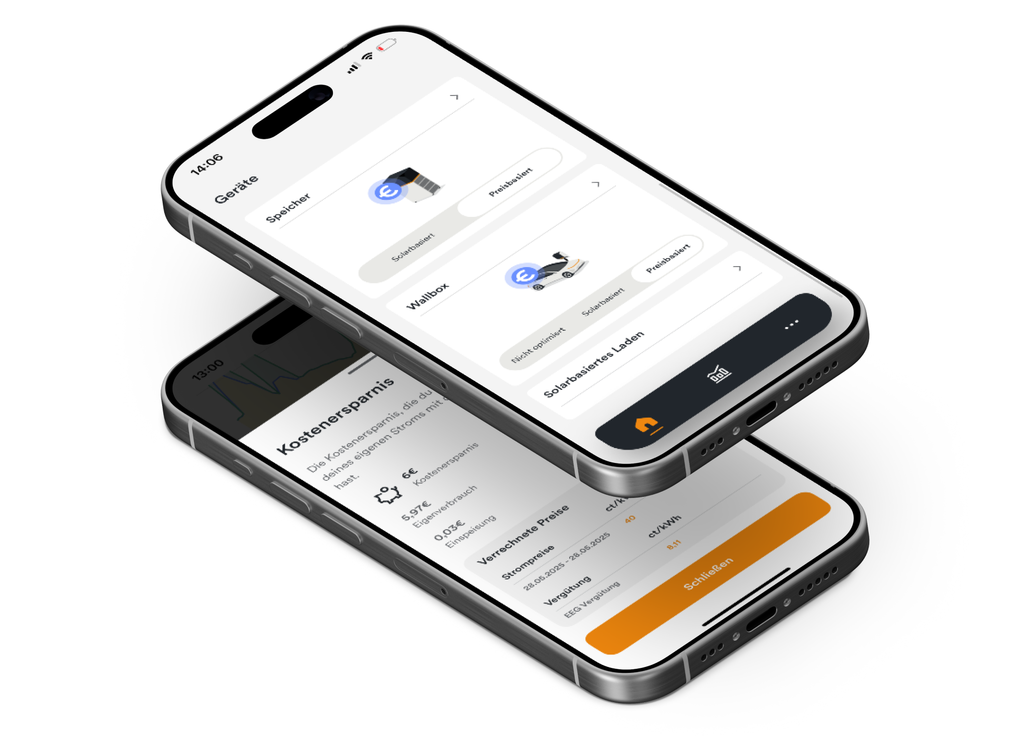 Handy-Displays mit Energiemanagement App AMPERE.IQ zeigen die Funktion "Preissignalfähigkeit"